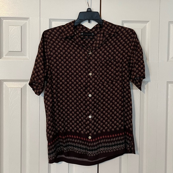 AllSaints burgundy print camp collar size small mint condition - Picture 2 of 3